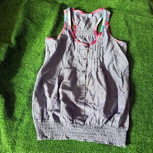 Love MKN Multicolor Trim Sleeveless Blue Chambray Elastic Hem Blouse Top Size L